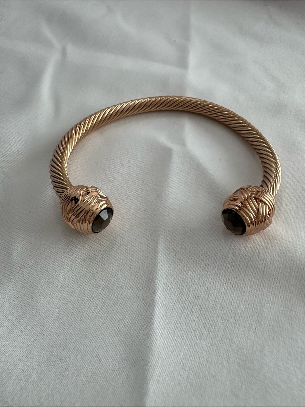 Gold-Tone Twisted Cable Open Cuff Bracelet with Smokey quartz  Gem Ends